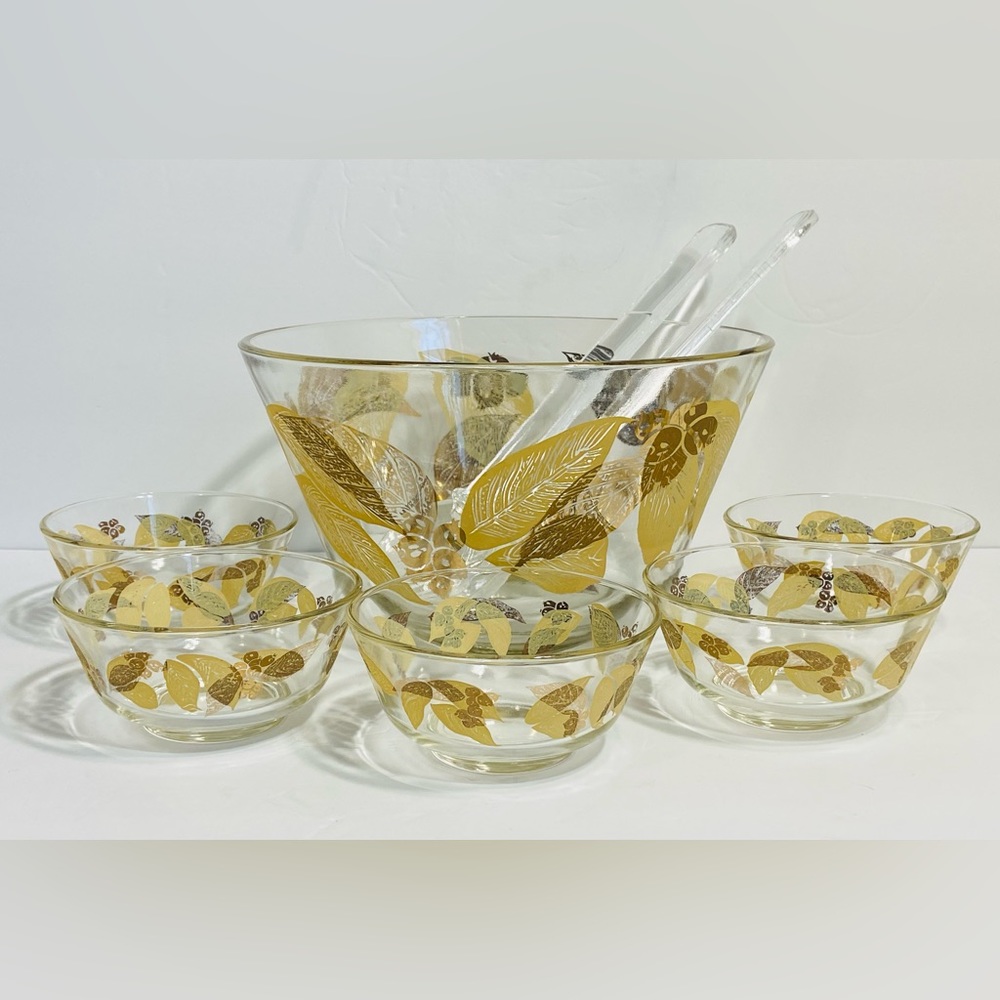 Vintage Regency Hollywood Salad Bowl Set - Gold Leaf/Berries Design - 8 Piece
